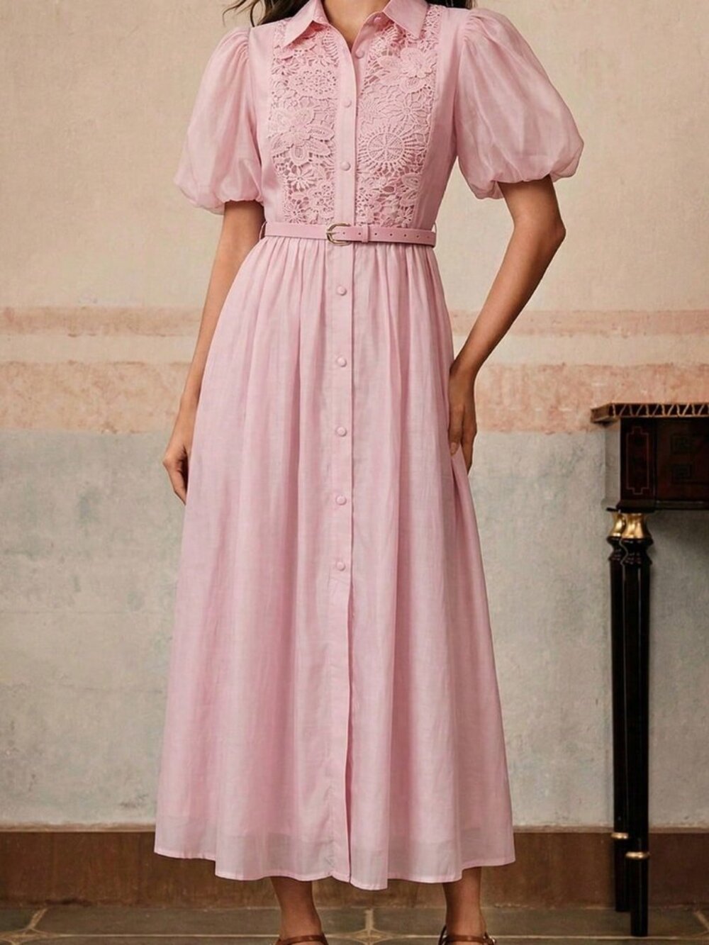 Pink Elegant Women's Floral Patchwork Ruffle Hem Midi Dress - Picture 6 of 7